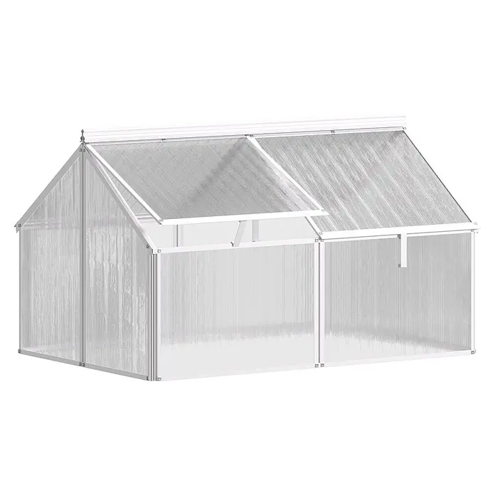 Vitavia Frühbeet Gaia Jumbo - L x B x H: 119,3 x 83,1 x 71,9 cm, Silber, Polycarbonat - Weißes Aluminium-Gewächshaus mit transparenten Wänden und geöffnetem Dachlüfter.
