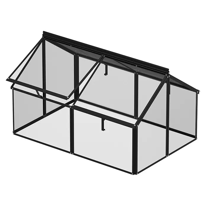 Vitavia Frühbeet Gaia Jumbo - L x B x H: 119,3 x 83,1 x 71,9 cm, Schwarz, Sicherheitsglas - Schwarz gerahmtes Gewächshaus mit transparenten Scheiben und zwei geöffneten Dachfenstern.