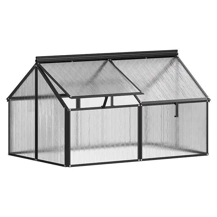 Vitavia Frühbeet Gaia Jumbo - L x B x H: 119,3 x 83,1 x 71,9 cm, Schwarz, Polycarbonat - Schwarz gerahmtes Gewächshaus mit transparenten, gewellten Platten, ein Dachfenster geöffnet.