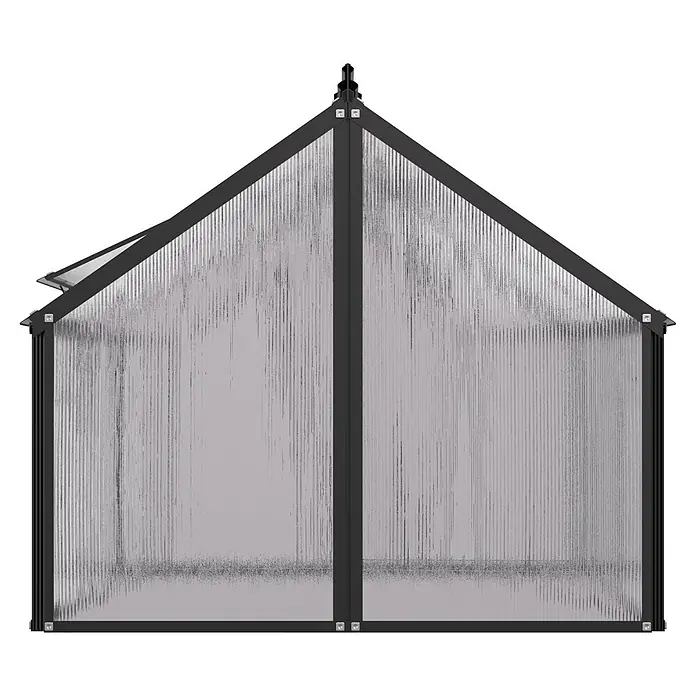 Vitavia Frühbeet Gaia Jumbo - L x B x H: 119,3 x 83,1 x 71,9 cm, Schwarz, Polycarbonat - Dunkelgrau gerahmtes Gewächshaus mit lichtdurchlässigen Paneelen und offenem Dachfenster.