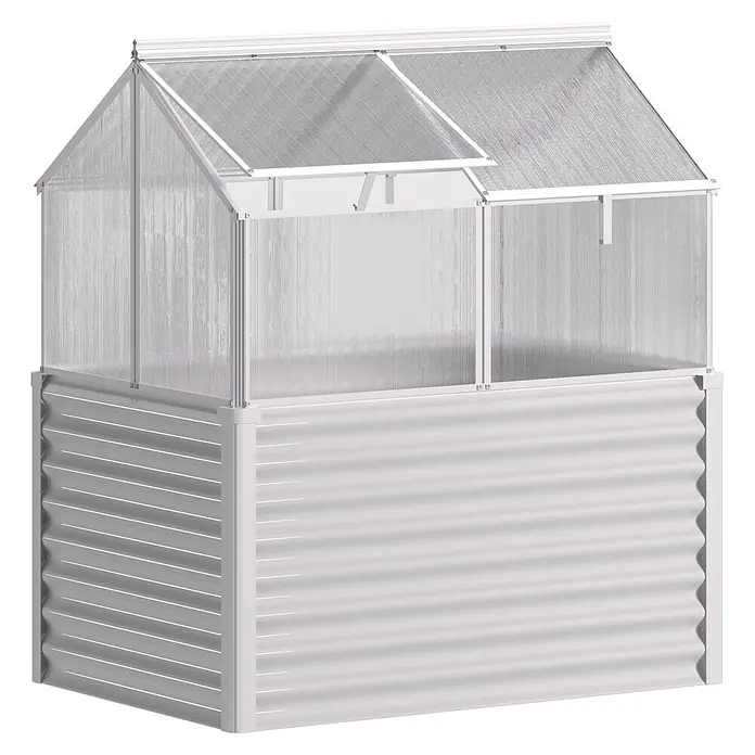 Vitavia Hochbeet mit Frühbeet-Aufsatz - 121,7 x 83,1 x 135,1 cm, Silber, Aluminium - Weißes Hochbeet aus Wellblech mit transparenter Gewächshausabdeckung und zu öffnender Dachluke.