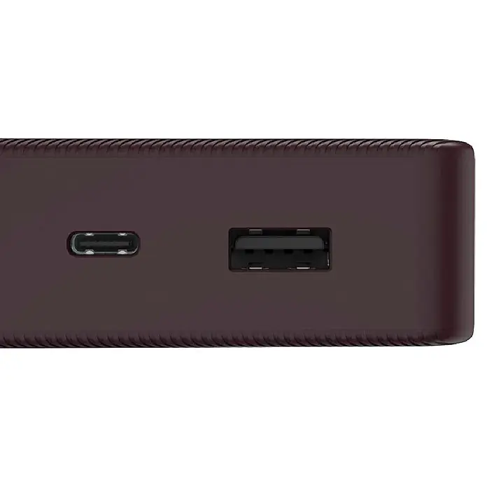 Hama Powerbank 20000 mAh Fast Charge LiPo Lila - Lila - Dunkelbraunes Gerät mit einem USB-C-Anschluss und einem USB-A-Anschluss.