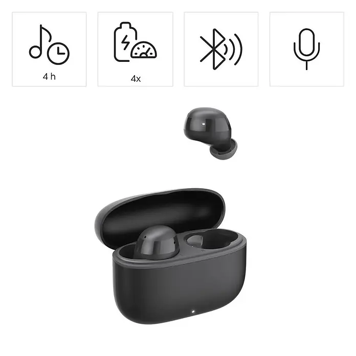 Hama Kopfhörer Freedom Buddy II In Ear Bluetooth Stereo - Schwarz - Schwarze kabellose Ohrhörer mit Ladeetui. Bietet 4 Std. Spielzeit, 4 Ladungen, Bluetooth und Mikrofon.