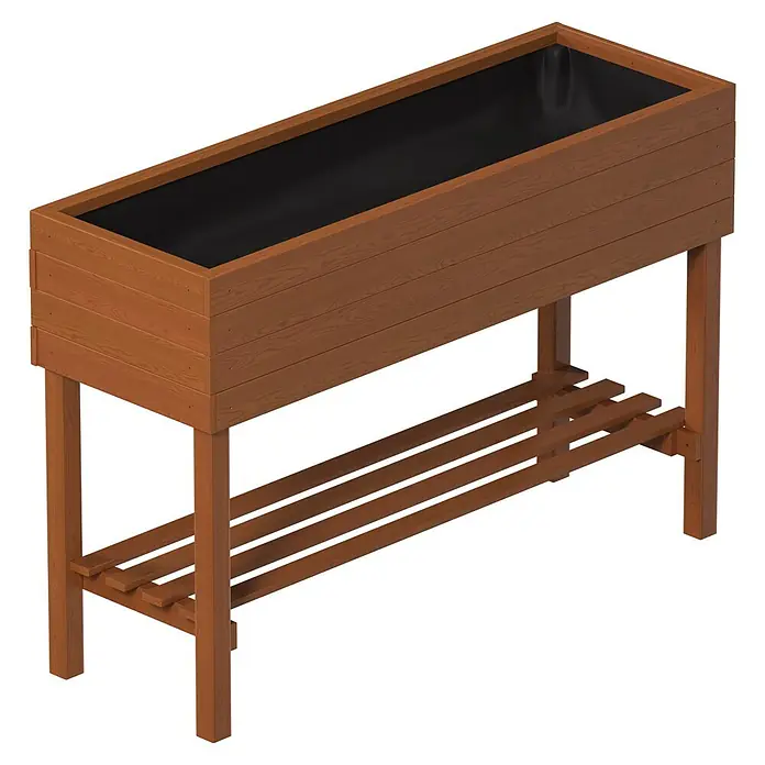 Dobar Hochbeet - L x B x H: 117 x 40 x 80 cm, Holz, Braun - Braunes Hochbeet aus Holz mit schwarzer Folie und unterem Lattenregal.