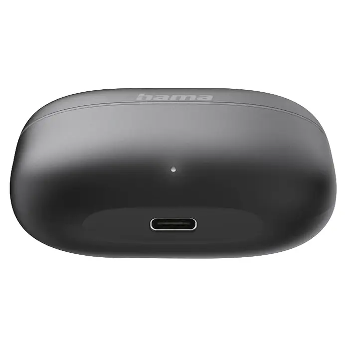 Hama Kopfhörer Freedom Buddy II In Ear Bluetooth Stereo - Schwarz - Dunkelgraues Hama Earbud-Ladecase mit weißer Anzeigeleuchte und USB-C-Anschluss.
