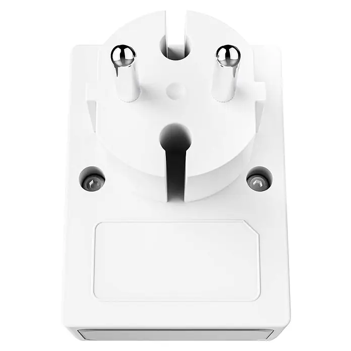 Hama LED-Nachtlicht 00223506 1x USB-A 1x USB-C Dämmerungssensor -  - Weißer Kunststoff-Stromadapter mit zwei runden Metallstiften und einem zentralen Erdungsstift.