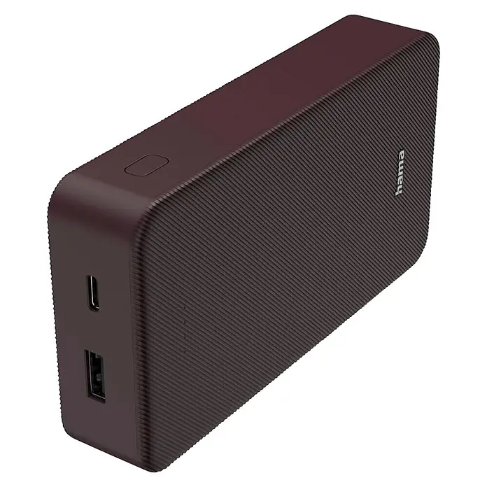 Hama Powerbank 20000 mAh Fast Charge LiPo Lila - Lila - Dunkelbraune Hama Powerbank mit strukturierter Oberfläche, USB-A und USB-C Anschlüssen und einem Einschaltknopf.