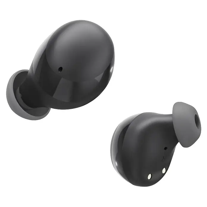 Hama Kopfhörer Freedom Buddy II In Ear Bluetooth Stereo - Schwarz - Ein Paar dunkelgrauer kabelloser Ohrhörer mit mattgrauen Ohrstöpseln, einer zeigt Ladekontakte.