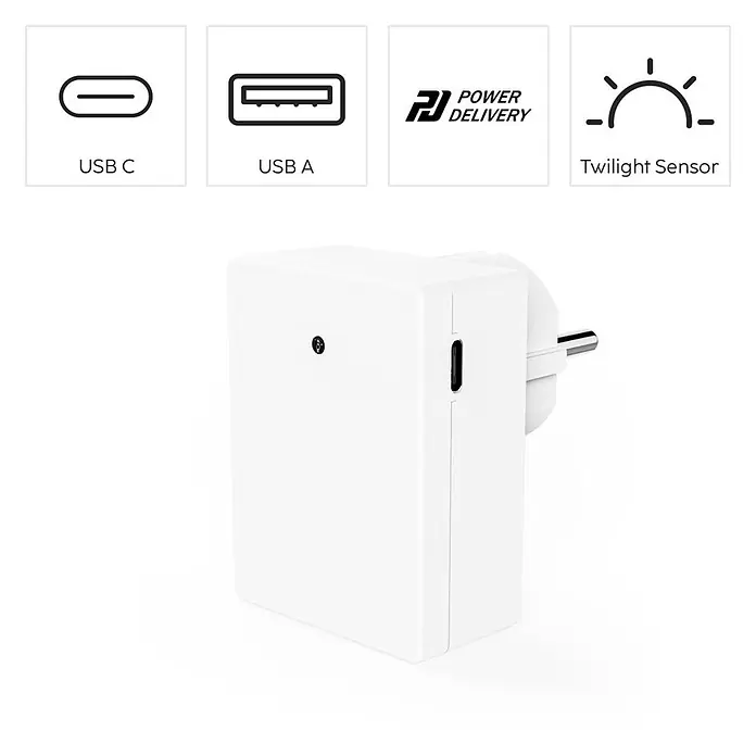 Hama LED-Nachtlicht 00223506 1x USB-A 1x USB-C Dämmerungssensor -  - Weißes USB-Wandladegerät mit USB-C, USB-A, Power Delivery und Dämmerungssensor.