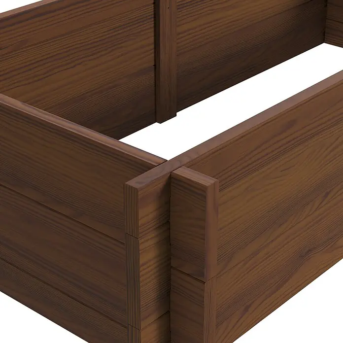 Dobar Hochbeet M - 117 x 58,5 x 27,5 cm, Holz, Teak - Dunkelbraunes Hochbeet aus Holzplanken, zeigt stabile Eckkonstruktion und ausgeprägte Holzmaserung.
