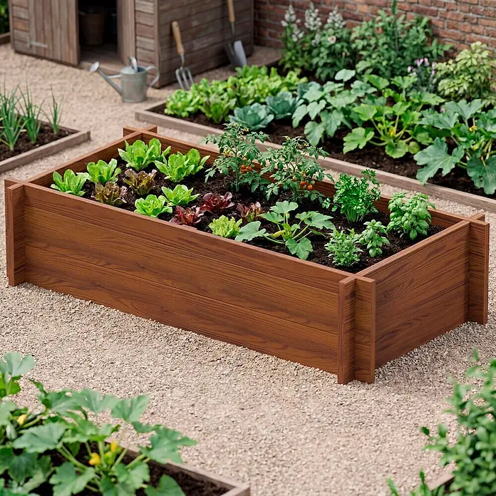 Dobar Hochbeet M - 117 x 58,5 x 27,5 cm, Holz, Teak - Braunes Hochbeet aus Holz, gefüllt mit Gemüse und Kräutern, auf einem Kiesweg im Garten.