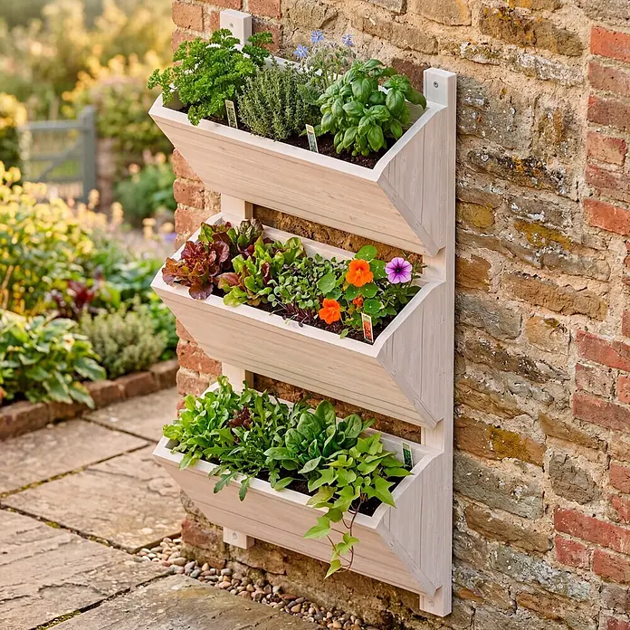Dobar Hochbeet - L x B x H: 38 x 17,5 x 79 cm, Holz, Weiß - Ein helles, dreistufiges vertikales Holzpflanzgefäß, gefüllt mit Kräutern, Blattgemüse und Blumen, an einer Ziegelgartenmauer montiert.