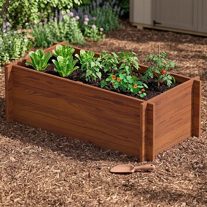 Dobar Hochbeet L - 117 x 58,5 x 38,5 cm, Holz, Teak - Braunes Hochbeet aus Holz, gefüllt mit verschiedenen Pflanzen (Salat, Kapuzinerkresse, Tomaten) in einem Garten mit Rindenmulch und einer kleinen Schaufel.