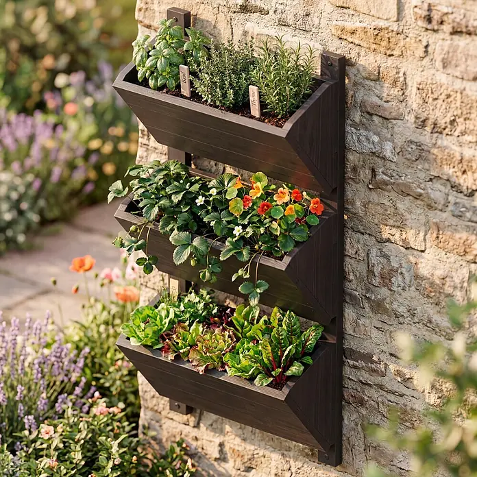 Dobar Hochbeet - L x B x H: 38 x 17,5 x 79 cm, Holz, Grau - Dunkelbraunes dreistöckiges vertikales Pflanzgefäß mit Kräutern, Erdbeeren und Gemüse an einer Steinmauer.