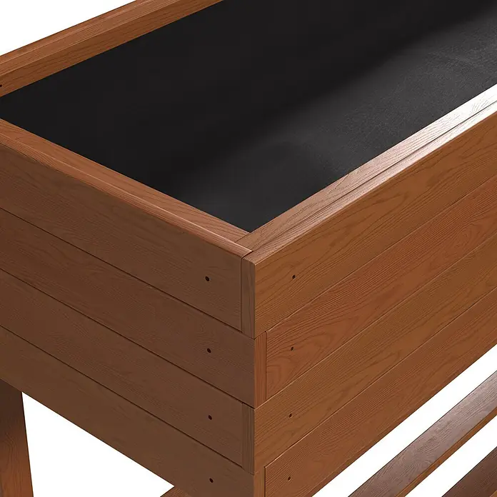 Dobar Hochbeet - L x B x H: 117 x 40 x 80 cm, Holz, Braun - Braunes Hochbeet aus Holz mit schwarzer Innenverkleidung, aus erhöhter Eckperspektive gezeigt.