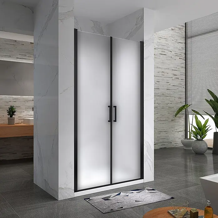 i-flair Dusch-Pendeltür NF98BL - 98 x 180 cm, Schwarz, Beschichtet, Glasstärke: 6 mm - Moderne Duschkabine mit schwarzem Rahmen und mattierten Glastüren in einem modernen Badezimmer.