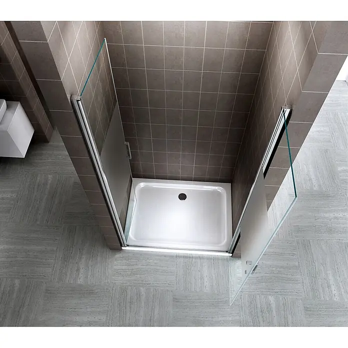 i-flair Dusch-Pendeltür NM74 - 74 x 195 cm, Silber, Beschichtet, Glasstärke: 6 mm - Eckduschkabine mit klaren und satinierten Glastüren, weißer Wanne, in einem gefliesten Badezimmer.