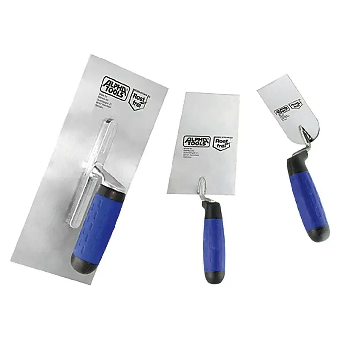 Alpha Tools Set de paletas - 3 pzs. - Tres llanas Alpha Tools con mangos azules en varios tamaños, ideales para proyectos de construcción y renovación.