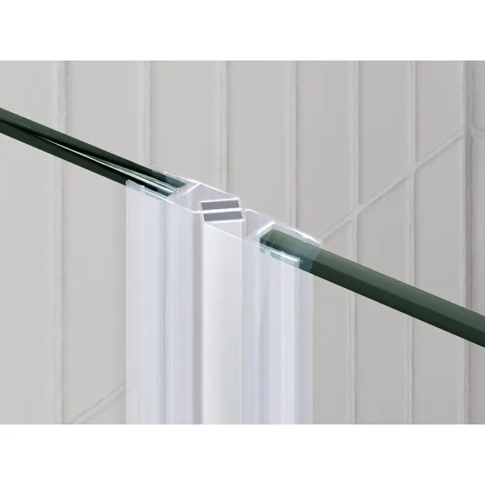 i-flair Dusch-Pendeltür DTMF84 - 84 x 185 cm, Silber, Beschichtet, Glasstärke: 6 mm - Transparenter Kunststoffverbinder hält zwei dunkelgrüne Stäbe.