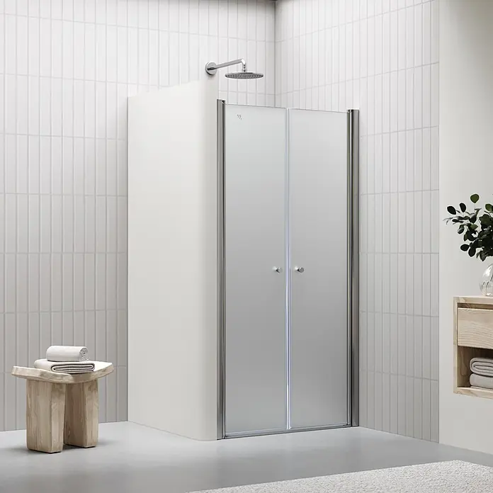 i-flair Dusch-Pendeltür DTF116 - 116 x 195 cm, Silber, Beschichtet, Glasstärke: 6 mm - Duschabtrennung mit Falttür aus Milchglas und Chromrahmen.