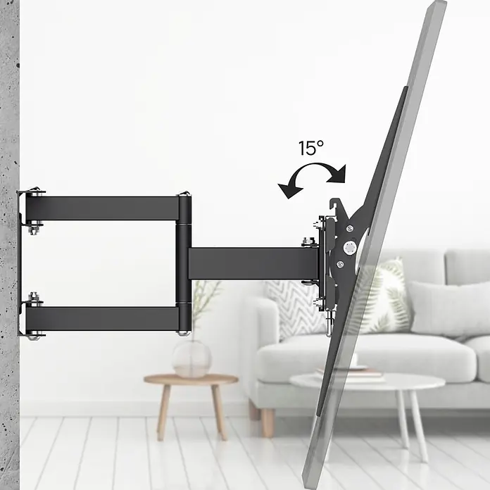 Hama TV-Wandhalterung 813 cm (32") - 2159 cm - 85" - Schwarze, schwenkbare TV-Wandhalterung mit TV, demonstriert 15° Neigungsverstellung.
