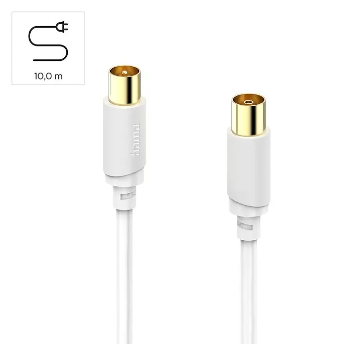 Hama Koaxialkabel 1x Koaxial-Stecker - 1x Koaxial-Buchse 120 dB - 10 m, Weiß - Weißes 10,0m Koaxial-Antennenkabel mit vergoldeten F-Steckern.