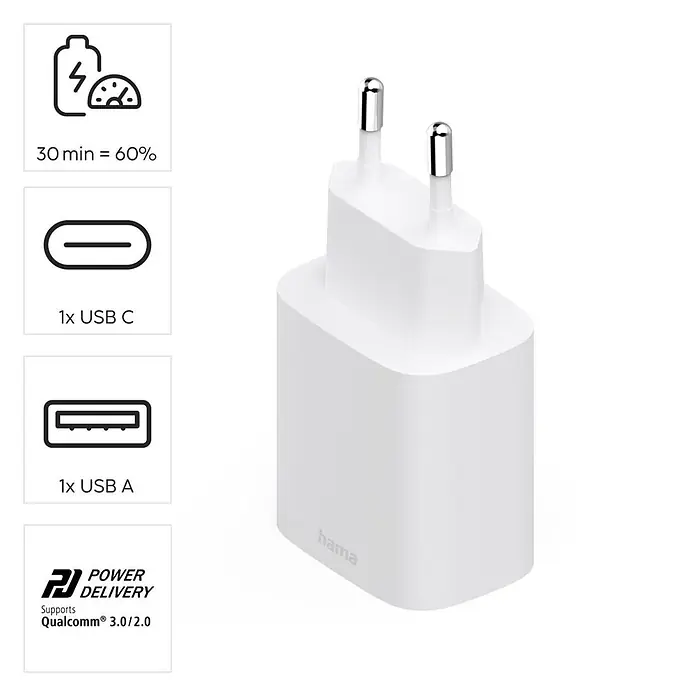 Hama Schnellladegerät 1X USB-C 1X USB-A - Weiß - Weißes Hama Netzteil mit 1x USB-C und 1x USB-A Anschluss, unterstützt Schnellladen wie Power Delivery.