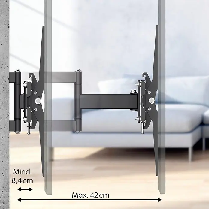 Hama TV-Wandhalterung 813 cm (32") - 2159 cm - 85" - Schwarze Gelenk-TV-Wandhalterung, ausziehbar von 8,4 cm bis 42 cm, stützt einen Flachbildschirm.