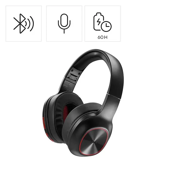 Hama Kopfhörer Spirit Calypso III On Ear Bluetooth - Schwarz - Schwarze kabellose Over-Ear-Kopfhörer mit roten Akzenten, integriertem Mikrofon und 60 Stunden Akkulaufzeit.