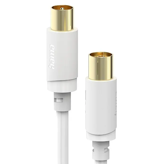 Hama Koaxialkabel 1x Koaxial-Stecker - 1x Koaxial-Buchse 120 dB - 10 m, Weiß - Weißes Hama Koaxialkabel mit goldfarbenen Anschlüssen.