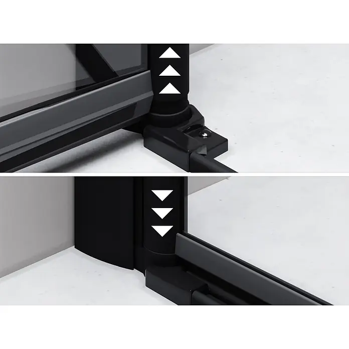 i-flair Dusch-Pendeltür DTC88BL - Schwarz, Beschichtet, Glasstärke: 6 mm - Schwarzer Duschkabinenrahmen mit grauer Platte, höhenverstellbar, angezeigt durch Pfeile.