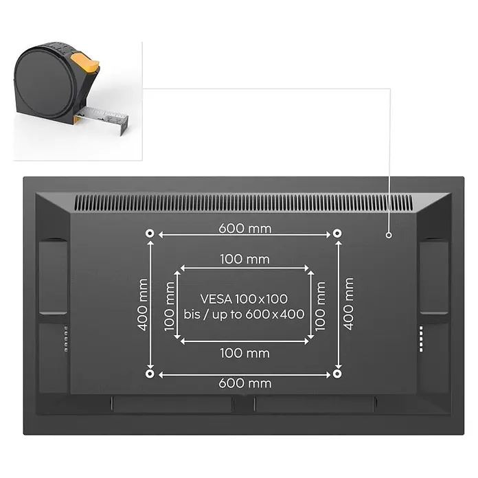 Hama TV-Wandhalterung 813 cm (32") - 2159 cm - 85" - Rückansicht eines dunkelgrauen Monitors/Fernsehers mit VESA-Montagemustern und Abmessungen. VESA 100x100 bis 600x400 mm.