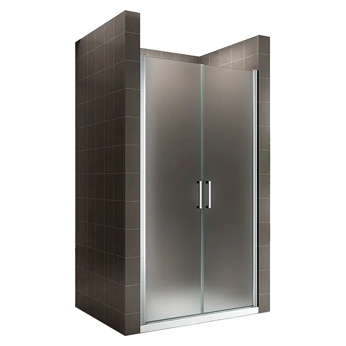 i-flair Dusch-Pendeltür NF86 - 86 x 180 cm, Silber, Beschichtet, Glasstärke: 6 mm - Milchglas-Doppeltür-Duschkabine mit Chromrahmen, in einer dunkelgrau gefliesten Ecke installiert.