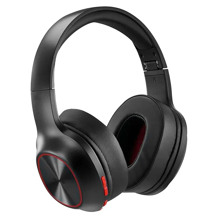 Hama Kopfhörer Spirit Calypso III On Ear Bluetooth - Schwarz - Elegante schwarze Over-Ear-Kopfhörer mit roten Akzentringen, Steuertasten und einer strukturierten metallischen Ohrmuschel.