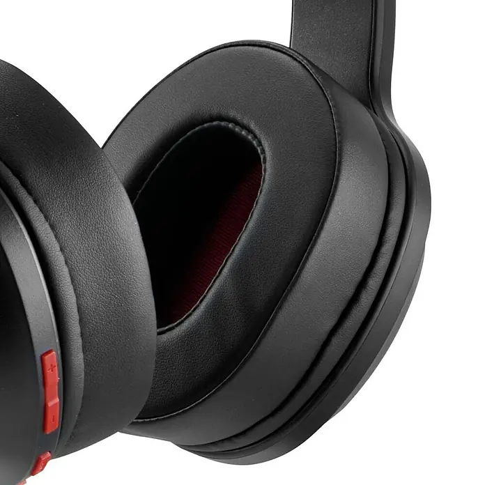 Hama Kopfhörer Spirit Calypso III On Ear Bluetooth - Schwarz - Schwarze Over-Ear-Kopfhörer mit gepolsterten Ohrmuscheln und roten Details an Bedienelementen und Innenseite.