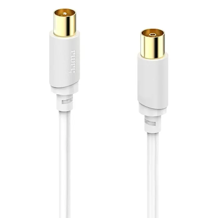 Hama Koaxialkabel 1x Koaxial-Stecker - 1x Koaxial-Buchse 120 dB - 10 m, Weiß - Weißes Koaxialkabel mit vergoldeten Antennensteckern, zwei Enden sind abgebildet.