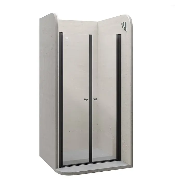 i-flair Dusch-Pendeltür DTC100BL - 100 x 195 cm, Schwarz, Beschichtet, Glasstärke: 6 mm - Duschkabine mit schwarz gerahmten, klaren Glas-Doppelfalttüren, in einer hellen Betonoptik-Nische mit passendem Sockel.