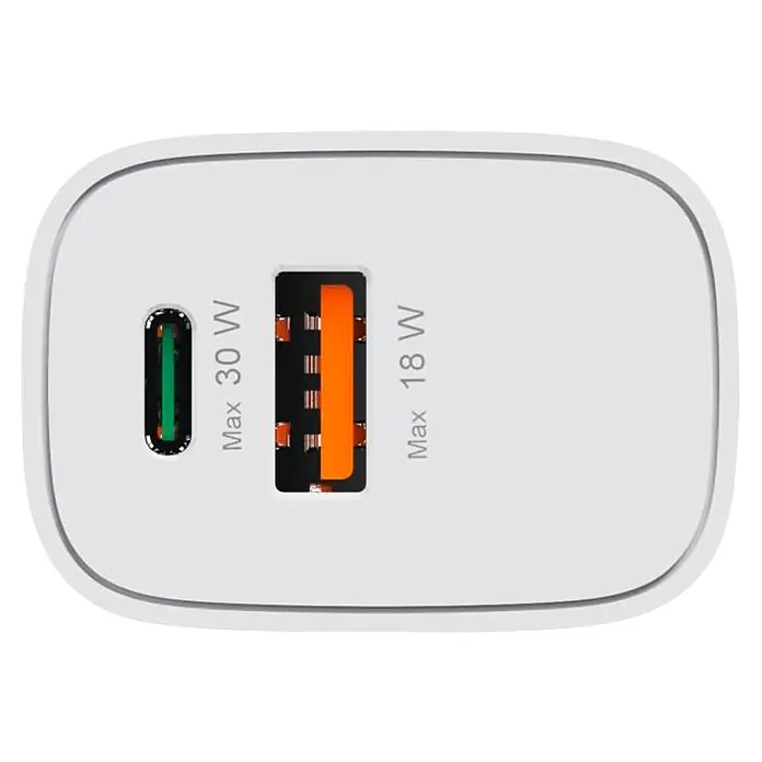 Hama Schnellladegerät 1X USB-C 1X USB-A - Weiß - Weißes Ladegerät mit grünem USB-C-Anschluss (max. 30W) und orangefarbenem USB-A-Anschluss (max. 18W).