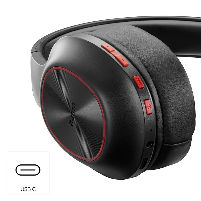 Hama Kopfhörer Spirit Calypso III On Ear Bluetooth - Schwarz - Schwarze Over-Ear-Kopfhörer mit roten Akzenten, zeigen Lautstärke-, Bass- und Power-Regler sowie einen USB-C-Ladeanschluss.