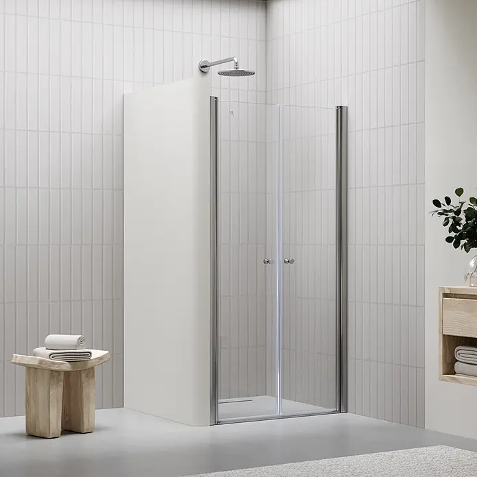 i-flair Dusch-Pendeltür DTC80 - 80 x 195 cm, Silber, Beschichtet, Glasstärke: 6 mm - Moderne Duschkabine mit weißer Rückwand und klaren Glasfalttüren.