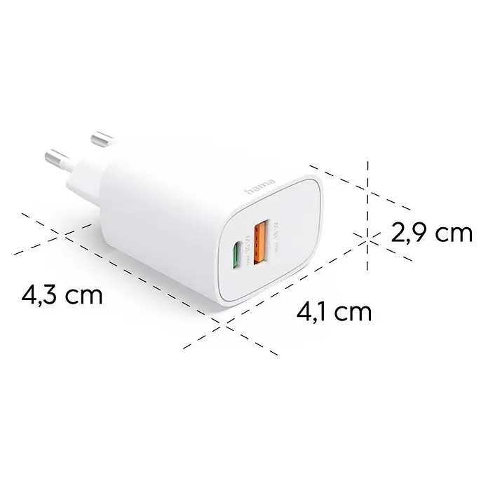 Hama Schnellladegerät 1X USB-C 1X USB-A - Weiß - Weißes Hama USB-Ladegerät mit grünen 30W und orangen 18W Anschlüssen. Maße: 4,3 x 4,1 x 2,9 cm.