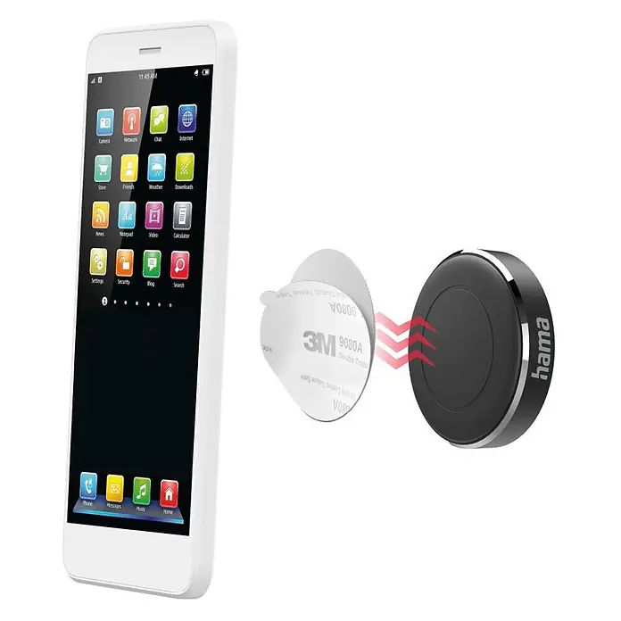 Hama Handyhalter 00201518 "Magnet" für Armaturenbrett 360 Grad drehbar - Schwarz - Weißes Smartphone neben schwarzer magnetischer Handyhalterung mit sichtbarem 3M-Klebeband.