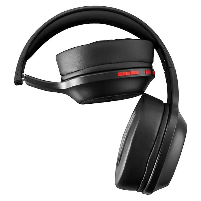 Hama Kopfhörer Spirit Calypso III On Ear Bluetooth - Schwarz - Schwarze Over-Ear-Kopfhörer mit gepolsterten Ohrmuscheln und roten Steuerungstasten auf einer Seite.