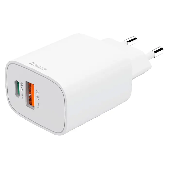 Hama Schnellladegerät 1X USB-C 1X USB-A - Weiß - Weißes Hama Dual-USB-Ladegerät mit Eurostecker. Verfügt über einen 30W USB-C und einen 18W USB-A Anschluss.