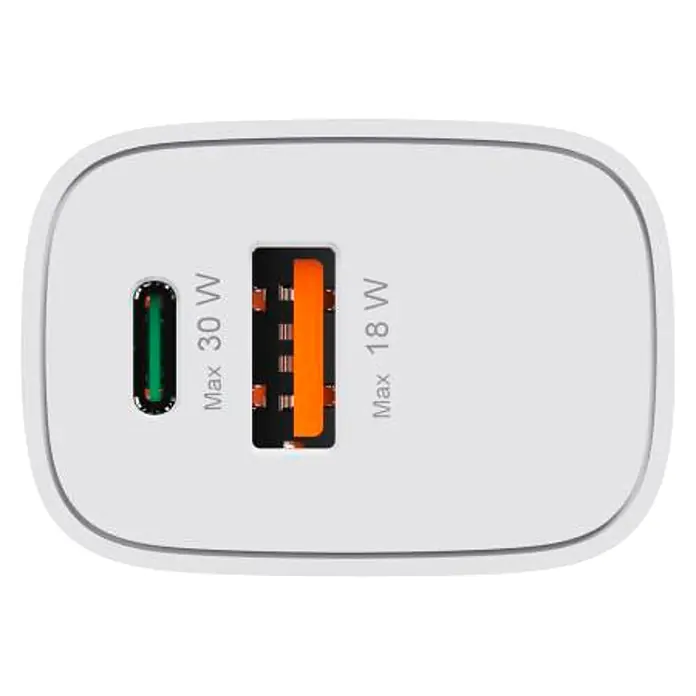 Hama Schnellladegerät 1X USB-C 1X USB-A - Weiß - Weißes Dual-Port-Ladegerät mit grünem USB-C (Max 30W) und orangefarbenem USB-A (Max 18W) Anschluss.
