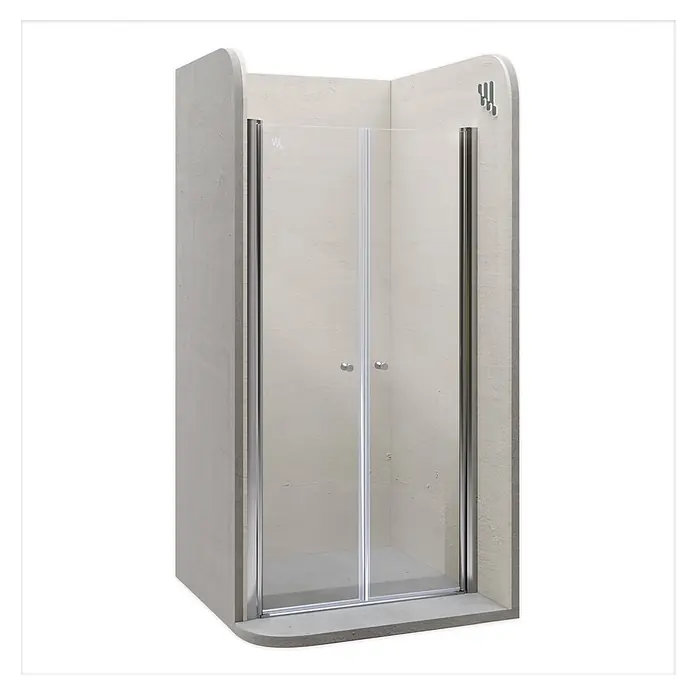 i-flair Dusch-Pendeltür DTC80 - 80 x 195 cm, Silber, Beschichtet, Glasstärke: 6 mm - Duschkabine aus Glas mit Chromrahmen und Doppeltüren, in einer Eckkonfiguration installiert.