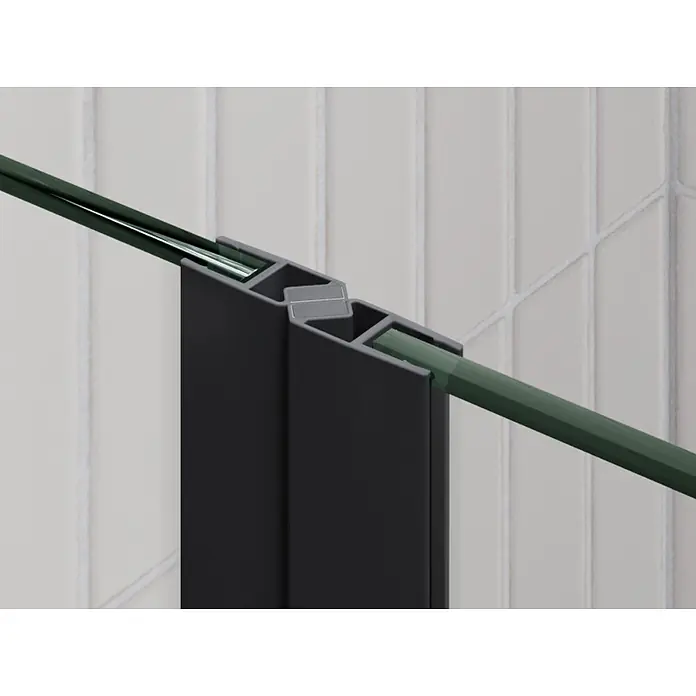 i-flair Dusch-Pendeltür DTC84BL - Schwarz, Beschichtet, Glasstärke: 6 mm - Schwarzes Profil verbindet zwei grüne Glasplatten.