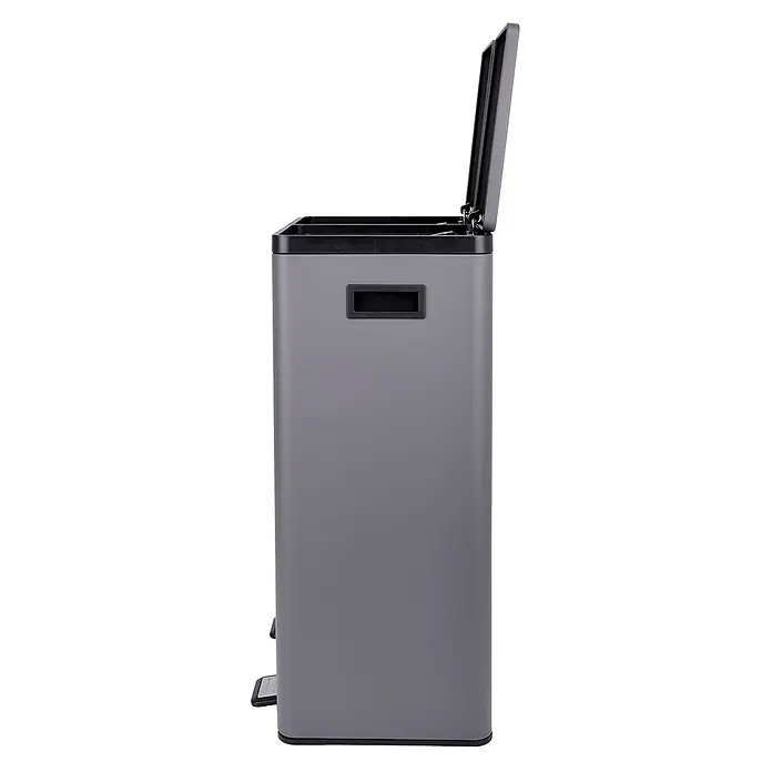 SVITA Standard Mülleimer TMH2X30 - 60 l, Stahl, Grau - Grauer rechteckiger Doppel-Tretmülleimer mit geöffneten Deckeln, der zwei Innenfächer zeigt.