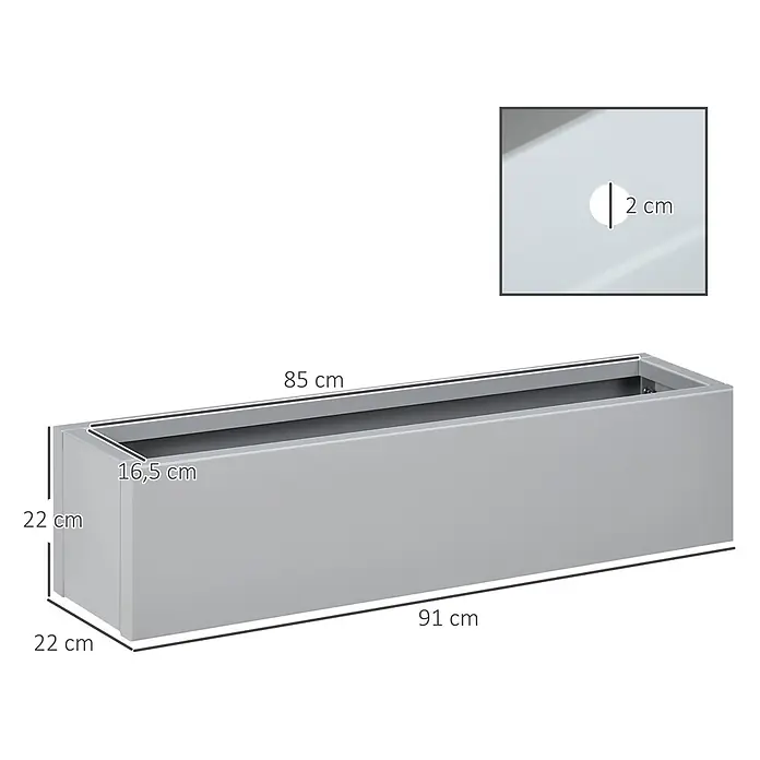 Outsunny Pflanzkübel eckig - Außenmaß (L x B x H): 91 x 22 x 22 cm, Stahl, Grau - Rechteckiger grauer Pflanzkasten mit Außenmaßen 91x22x22 cm, Innenbreite 16,5 cm und 2 cm Drainageloch.