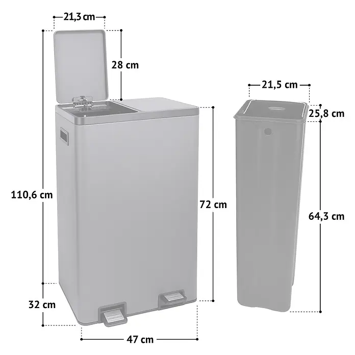SVITA Standard Mülleimer TMH2X30 - 60 l, Stahl, Grau - Grauer Doppel-Tretmülleimer mit Maßen zur Mülltrennung.